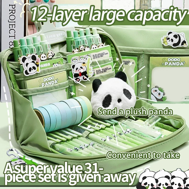 Juego Panda 4/17/21/31, estuche para lápices de gran capacidad de 12 capas, con pegatinas, llaveros, broches y otros materiales de estudio - Escuela