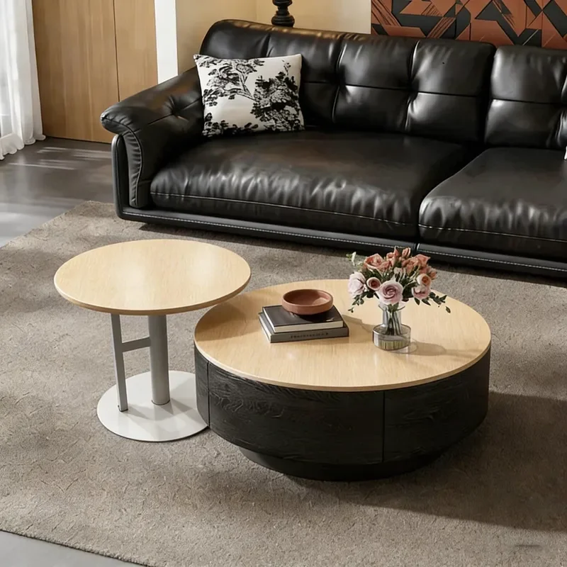 for Italian Minimalist Modern Travertine Round Coffee Table Set Simple Light Luxury Solid Wood Pattern Small Apartment
