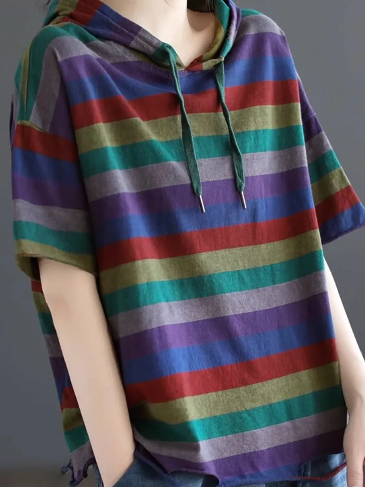 retro-striped-women's-t-shirt-short-sleeve-loose-plus-size-slimming-hoodie-collar-pin-summer-new-arrival-casual-fashion