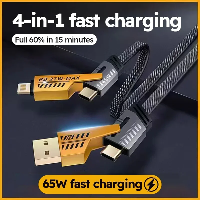 6Pcs 4 in 1 65W Fast Charging USB cable Type C Usb Micro For Iphone Samsung Huawei Xiaomi Multi Port Multiple Charging Wire