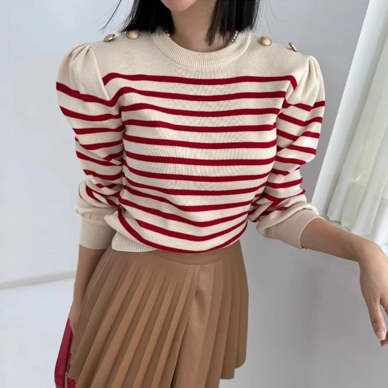 KUSAHIKI Korean Autumn Retro Elegant Round Neck Metal Button Versatile Slimming Long Sleeved Striped Knitted Sweater for Women