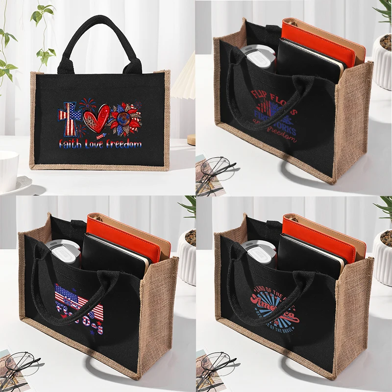 Flag series printed pattern black patch linen canvas tote bag, internal waterproof large capacity commuting bag storage bag