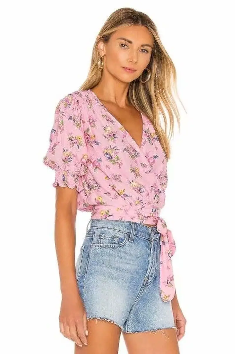 Women Summer Wrap Crop Tops Sexy V Neck Cottagecore Floral T-Shirt Short Sleeve Chiffon Sweet Pink Bohemian Streetwear Feminina