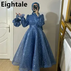 Eightale 2025 Blue Sequins High Neck A Line Long Sleeve Arabic Puff Prom Dress Evening Dress Formal Party Gown Robes De Soirée