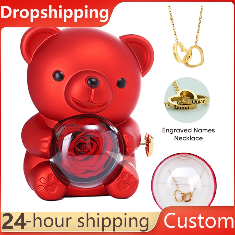 

2024 New Gift idea Eternal Red Rose Rotating Lovely Bear Engraved Name necklace Jewelry Gift Box for Birthday Valentine's Day