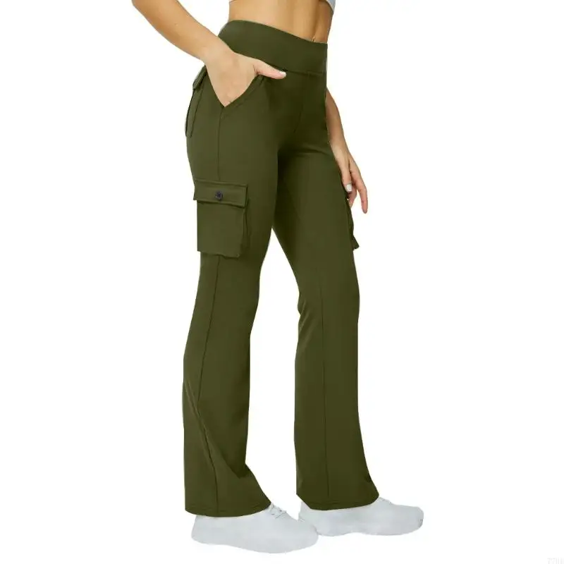 77HE Autumn solid color space side pockets elastic buttons versatile multi-pocket straight wide-leg pants
