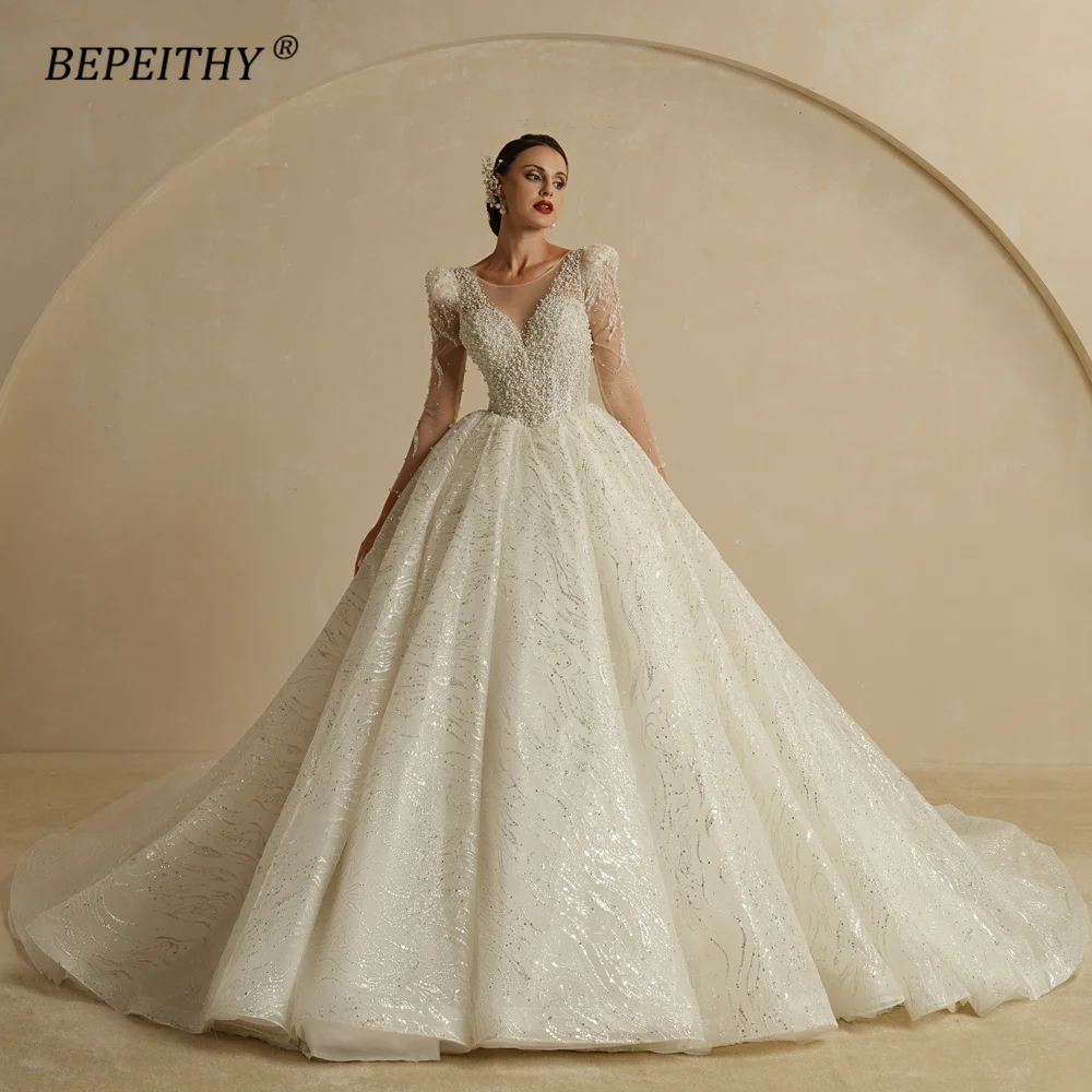 BEPEITHY Luxury Shinny Princess Wedding Dresses For Women 2022 Full Sleeves Scoop Pearls Vintage Ball Bridal Gown Chapel Train