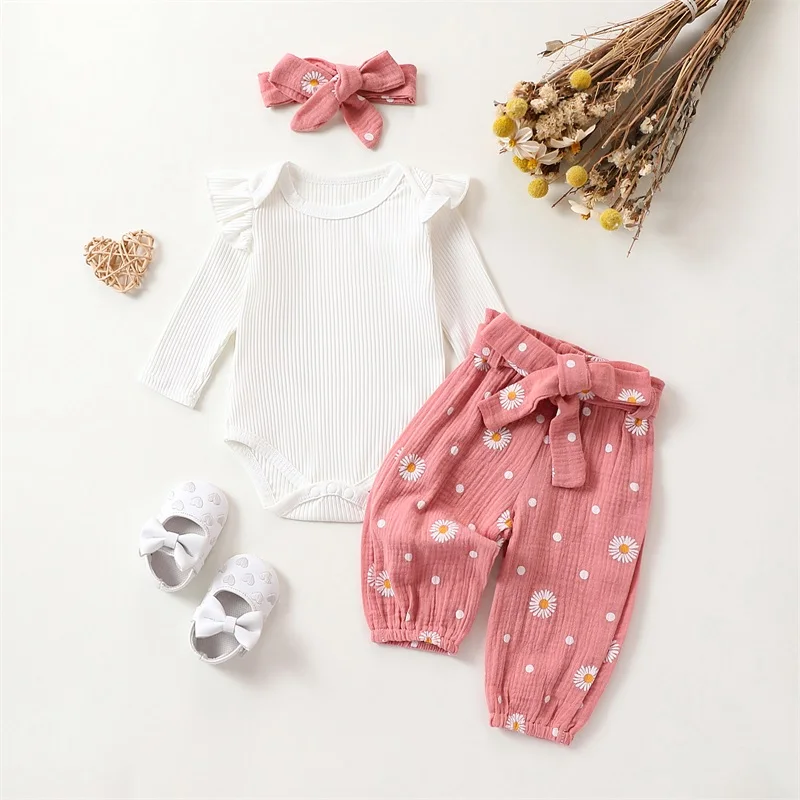 Newborn Baby Girl Fall Winter Outfits Cute Ruffle Long Sleeve Ribbed Romper Top Bow Pants with Headband