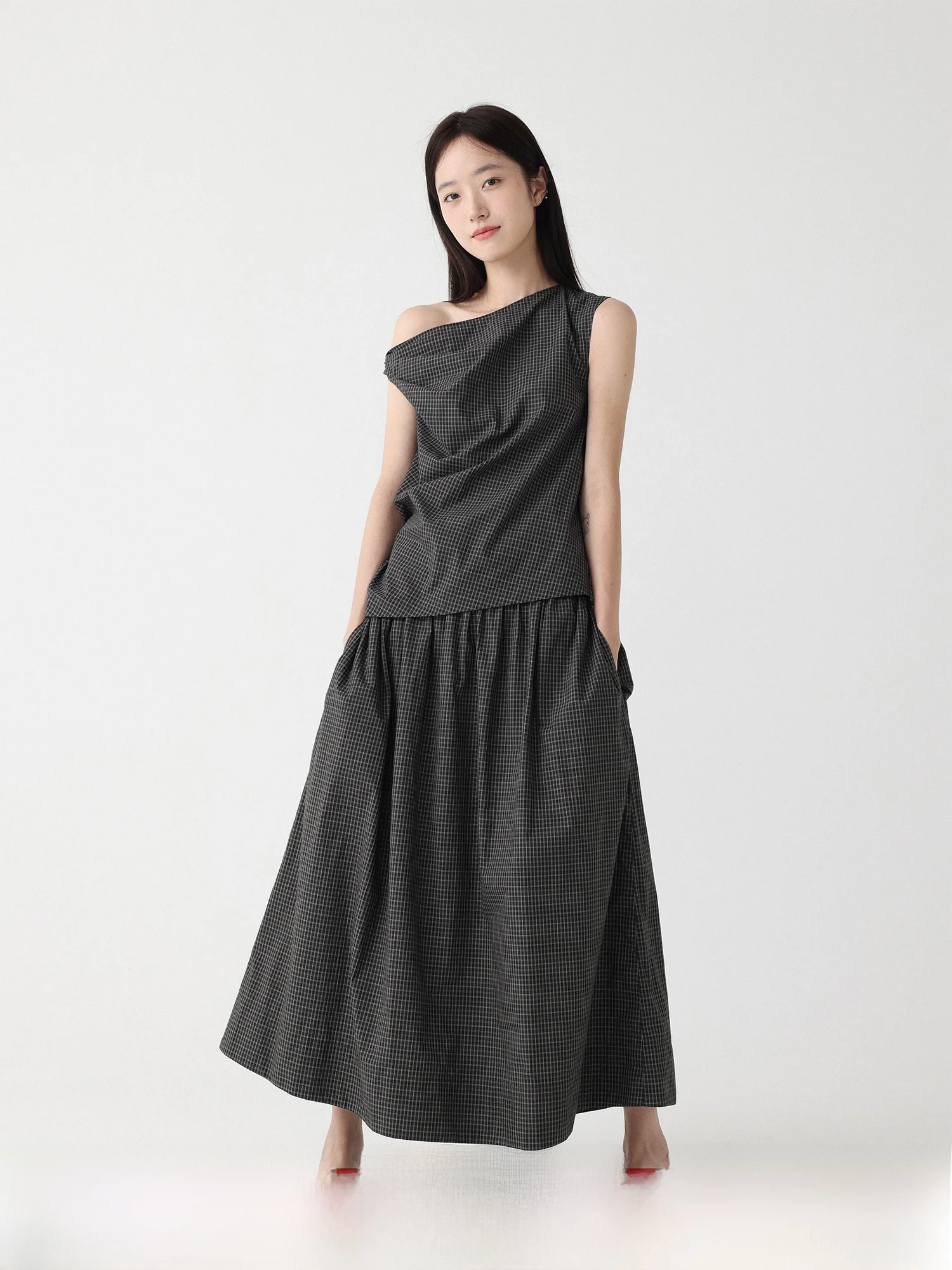 

Lowcalorie Summer ManYu Bla ey Plaid Асимметричная юбка с капюшоном и капюшоном irt Комплект модных повседневных женских O...