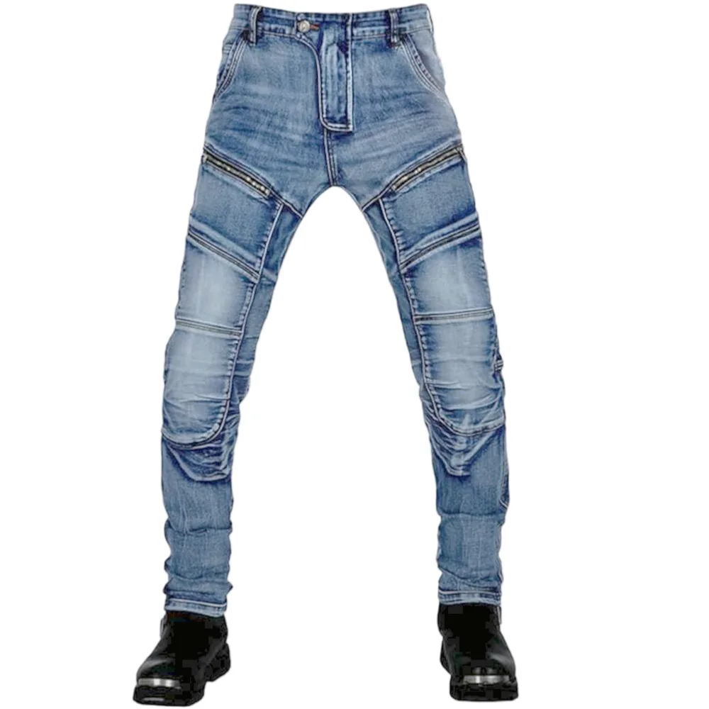 Motorcycle Fashion Jeans, Blue Trendy Spliced Men's Jeans, Premium Gray Polished White Jeans