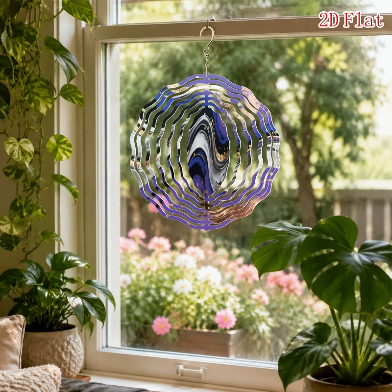 2D Flat Purple Night Golden Wave Pattern Metal 3D Rotating Wind Chime with Rotating Hook, Outdoor Garden And Patio Decoration