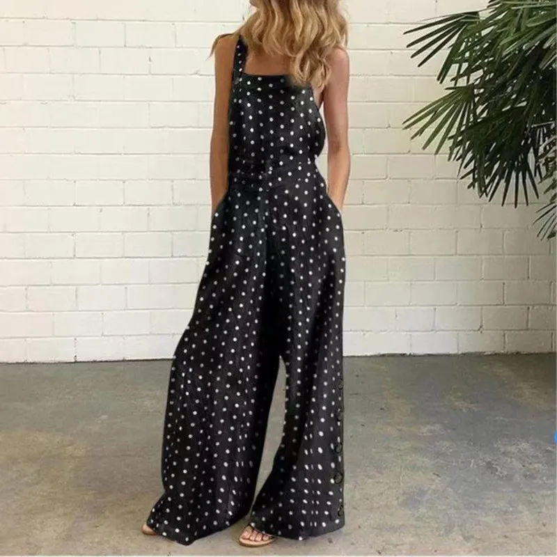 Women's Casual Navy Polka Dot Jumpsuit Loose Fit Wide Leg Sleeveless Overalls