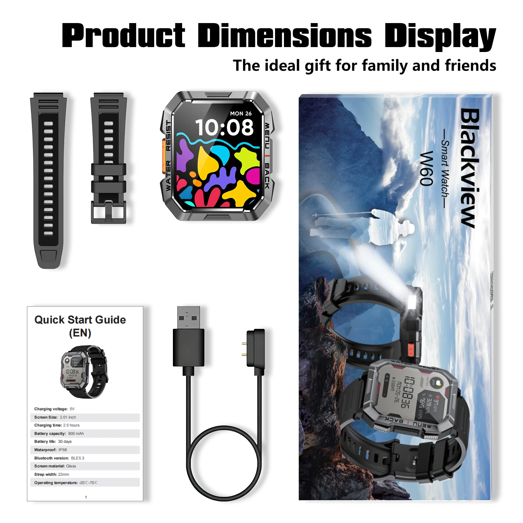 Blackview W60 Waterproof Smart Watch with Emergency Lighting 900mAh Battery 2.01'' HD Screen Bluetooth Outdoor Watches for Men