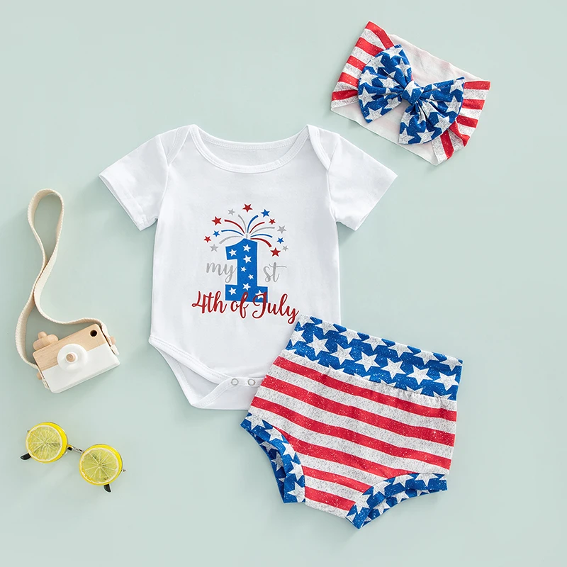 

Infant Patriotic Set Fourth of July Inspired Bodysuit with Coordinating Bottoms and Stretchy Headband for Baby Girl