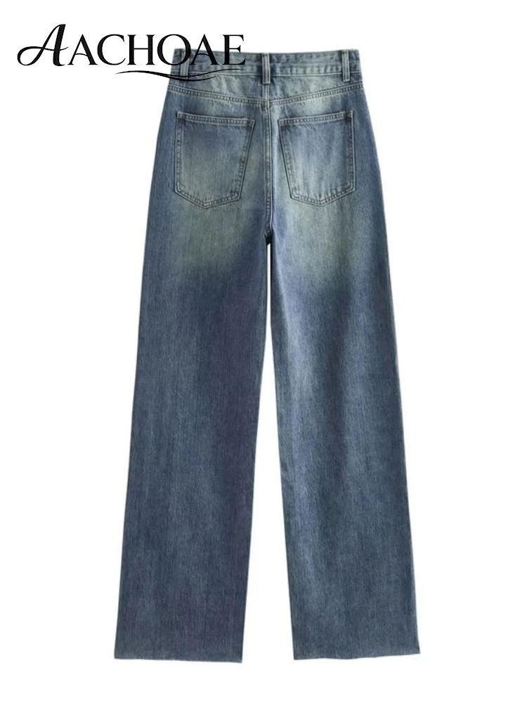 AACHOAE Women Cotton Vintage Wide Leg Jeans High Waist Straight Denim Pants Loose Casual Blue Jeans Full Length Denim Trousers