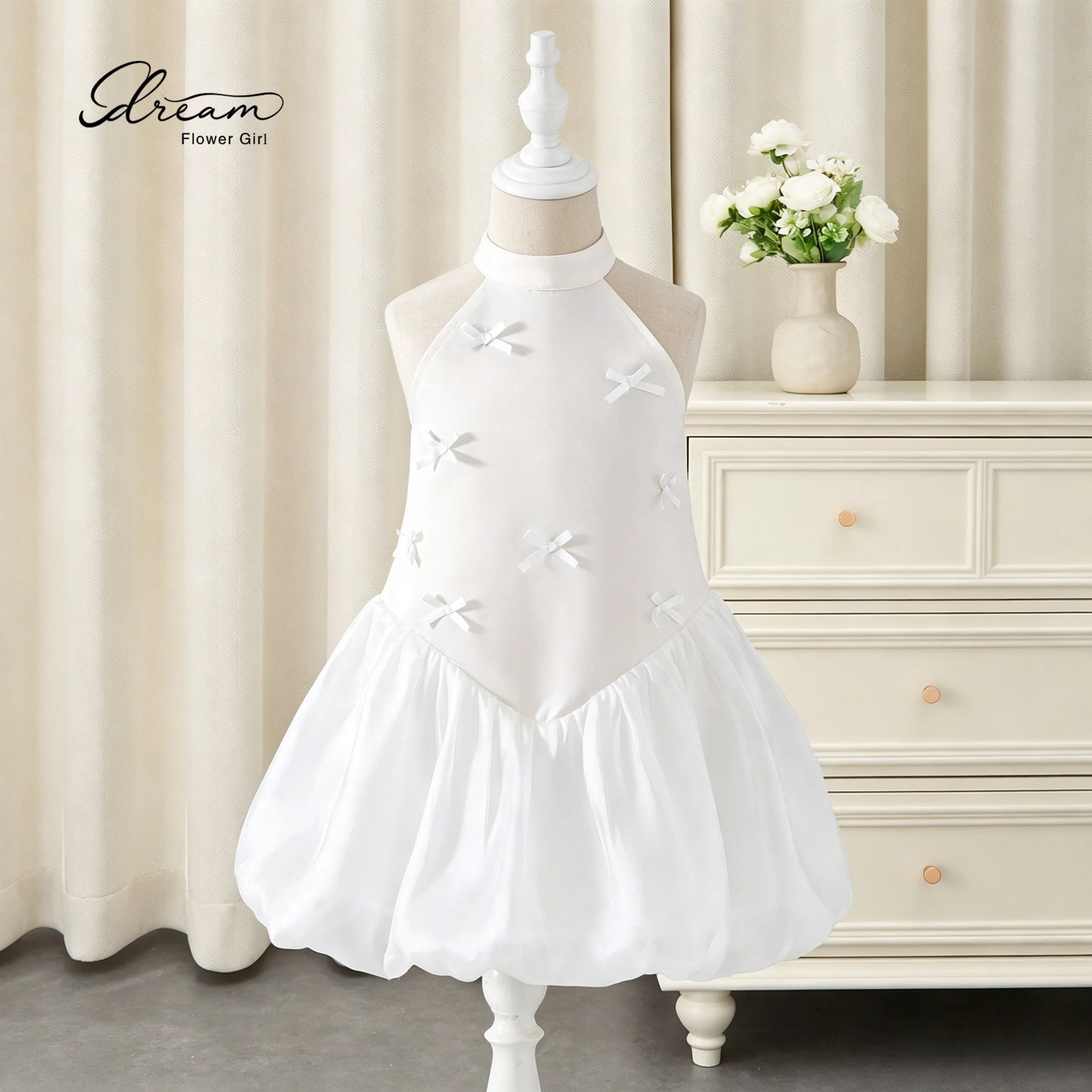 Girls' formal party dress white halter-neck strapless sleeveless puffy short skirt with bow decoration