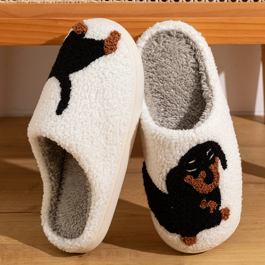 

Cute Black Dog Embroidered Pattern Women Winter Slippers Indoor Soft Sole Warm Leisure Comfy Couple Bedroom Non-slip Home Shoes