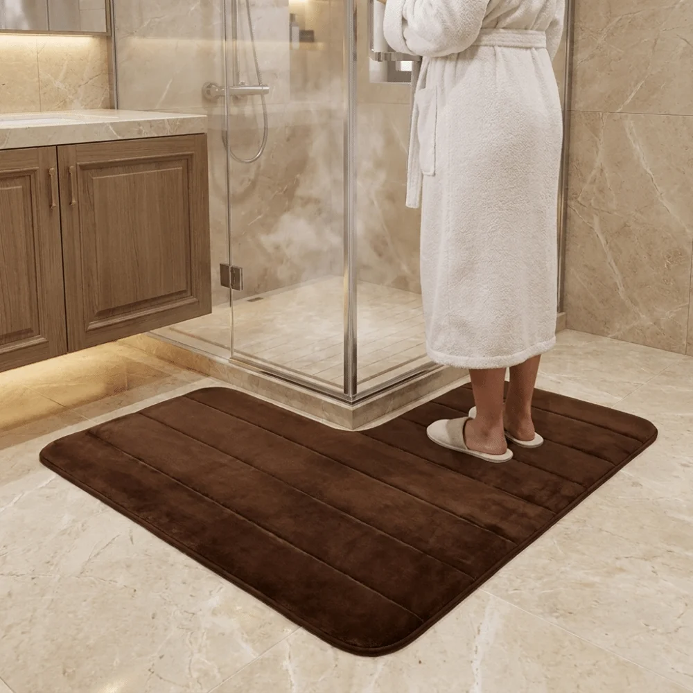Coral Velvet L-Shaped Bathroom Floor Mat Wear-Resisting Right Angle Shower Room Mat Striped Absorbent Foot Mat Bathroom