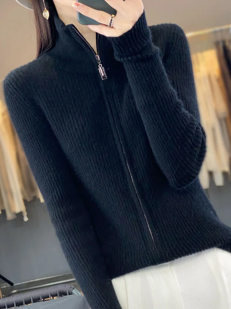 2024 High Quality Women Sweater Spring Autumn Warm Long Sleeve Cardigan 100% Merino Wool Fashion Zipper Knit Sweater Women Coat