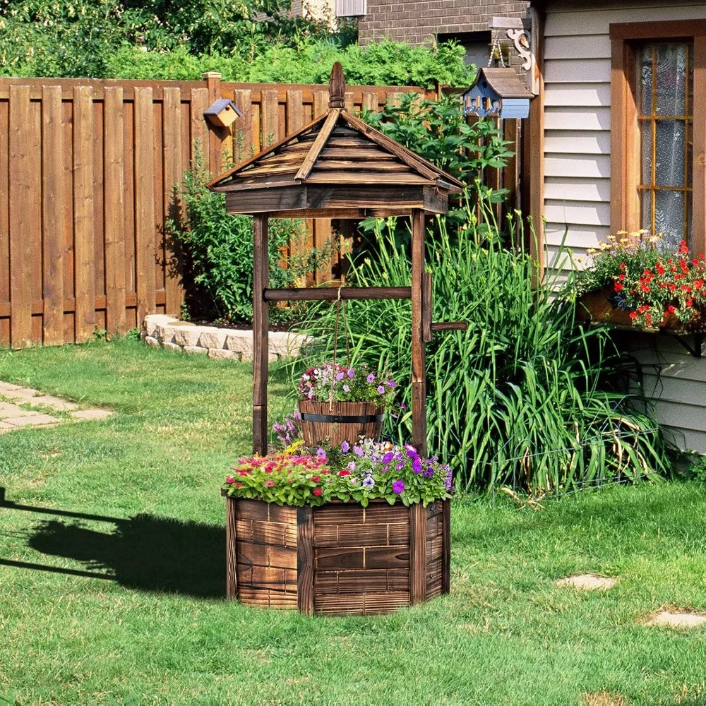 

Rustic Wooden Wishing Well Planter with Hanging Bucket, Roof Shadow, Reinforced Rod, Wishing Wells for Outdoors Backyard