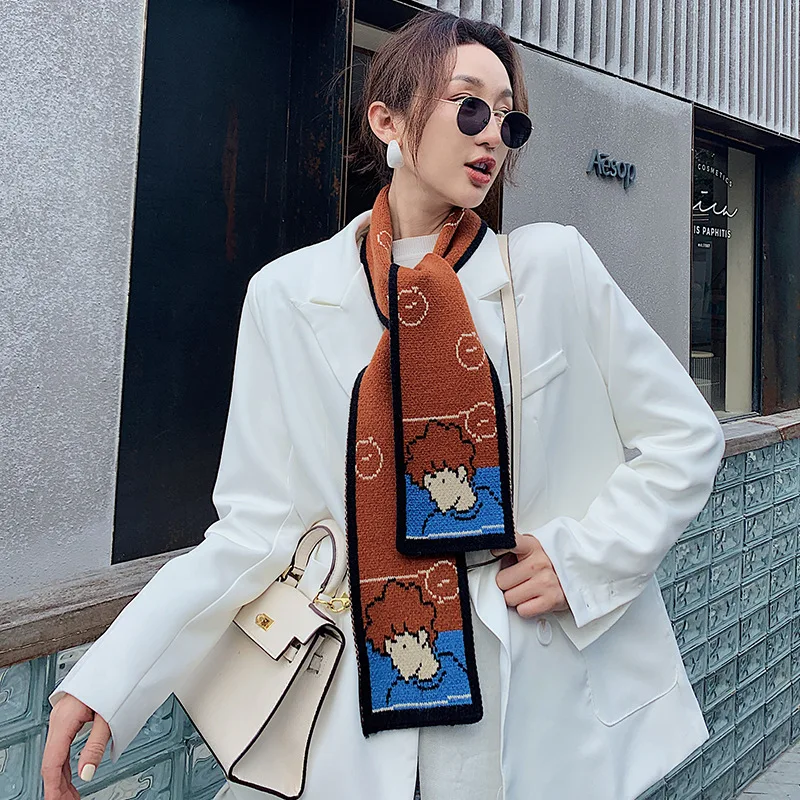 Winter Scarves For Women Cartoon Print Knitted Neck Scarfs For Ladies Long Shawl Wraps Cute Neckerchief Warm Scarf Girls Boy