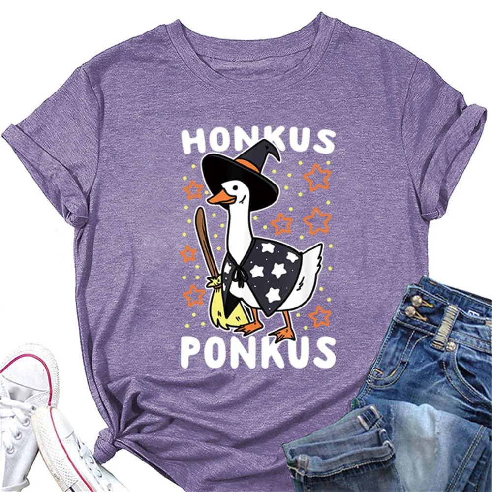 Honkus Ponkus Halloween T Shirt Women Cute Duck Witch Star Print Aesthetic Graphic T-Shirts O-neck Short Sleeve Tee Tops