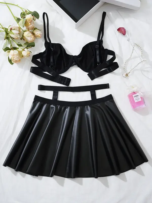جديد أزياء المرأة مثير حمالات الصدر والتنانير مجموعة جلدية قابل للتعديل حزام الكتف الملابس الداخلية تنفس المثيرة الملابس الداخلية كشكش تنورة