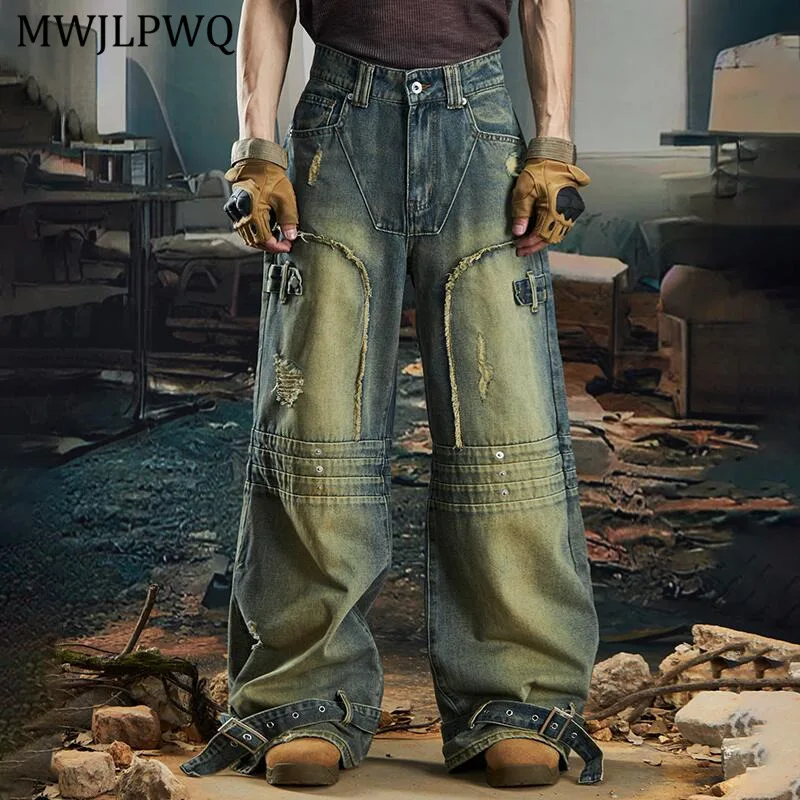 

MWJLPWQ Deconstructed Design Frayed Ribbon Jeans Men's High Street Patchwork Washed Vintage Trousers Loose Straight Pants 11493
