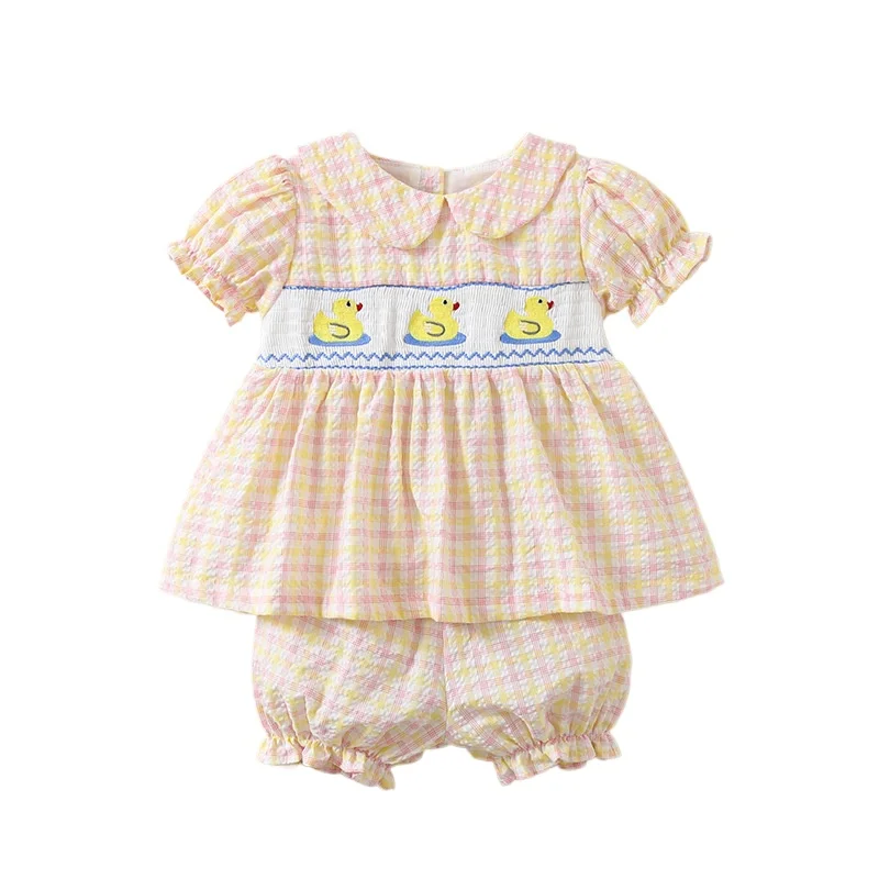 

Spanish Style Girls Short Sleeve Smocked Set Cute Duck Embroidery Plaid Cotton 2 Piece Outfit Sweet Casual Daily Wear for Kids