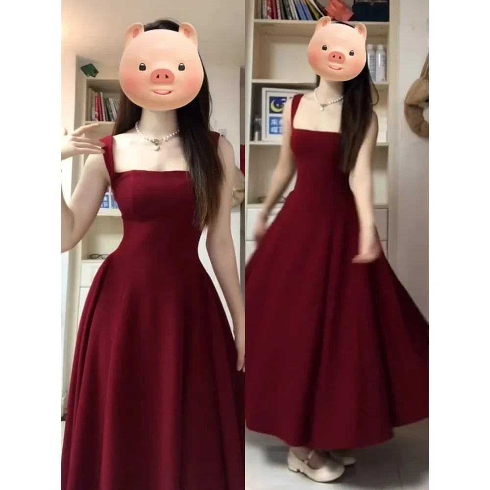 2025 جديد فرنسي أنيق أحمر خارج الكتف فستان طويل المرأة الصيف سليم صالح الإمبراطورية الخصر هيبورن نمط فستان قطعة واحدة #2