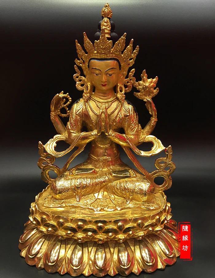 GOOD --30CM large --Buddhist Buddhism home family efficacious Gold-plated brass Four arm Guanyin gold Buddha  statue