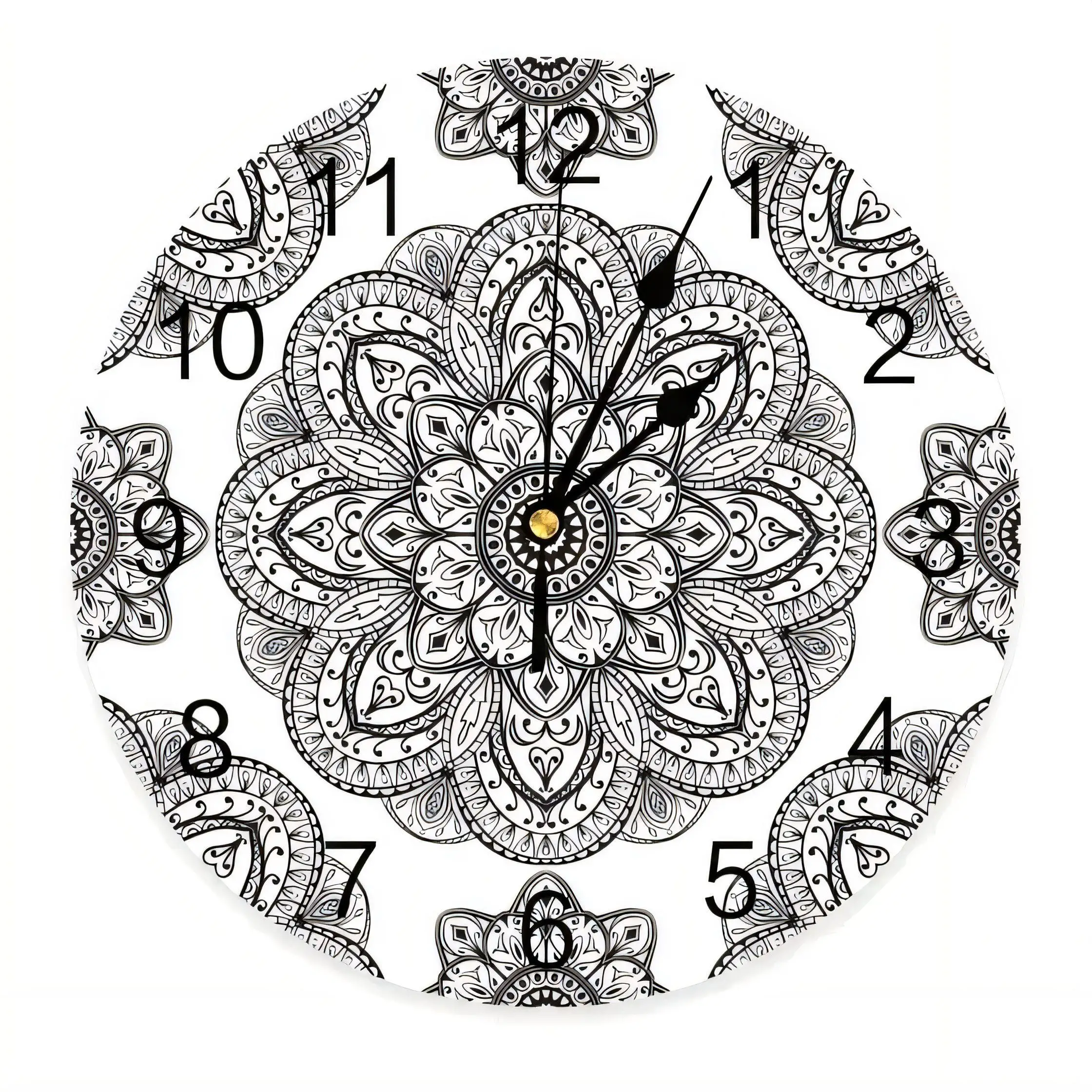 Vintage Black and White Mandala Wall Clock,  Art Decor, Silent Non Ticking Battery Operated for Home Office Bathroom