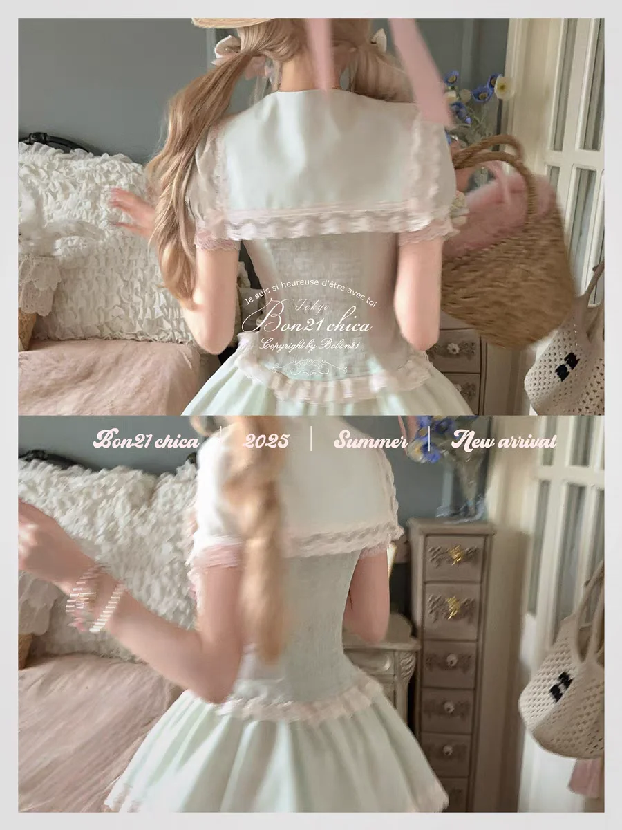 Princess sweet lolita dress bobon21 Berry Mist Mint lace bow pink Japanese Style Retro Cute Tencel Vinegar Hemp Dress D2419