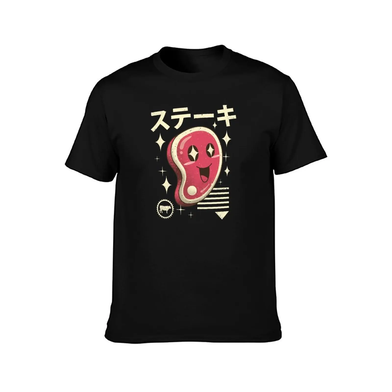 Kawaii Steak T-Shirt, Summer Casual Cotton Tee, Oversized Streetwear Tops, Vintage Graphic Print, Loose Fit Short Sleeve