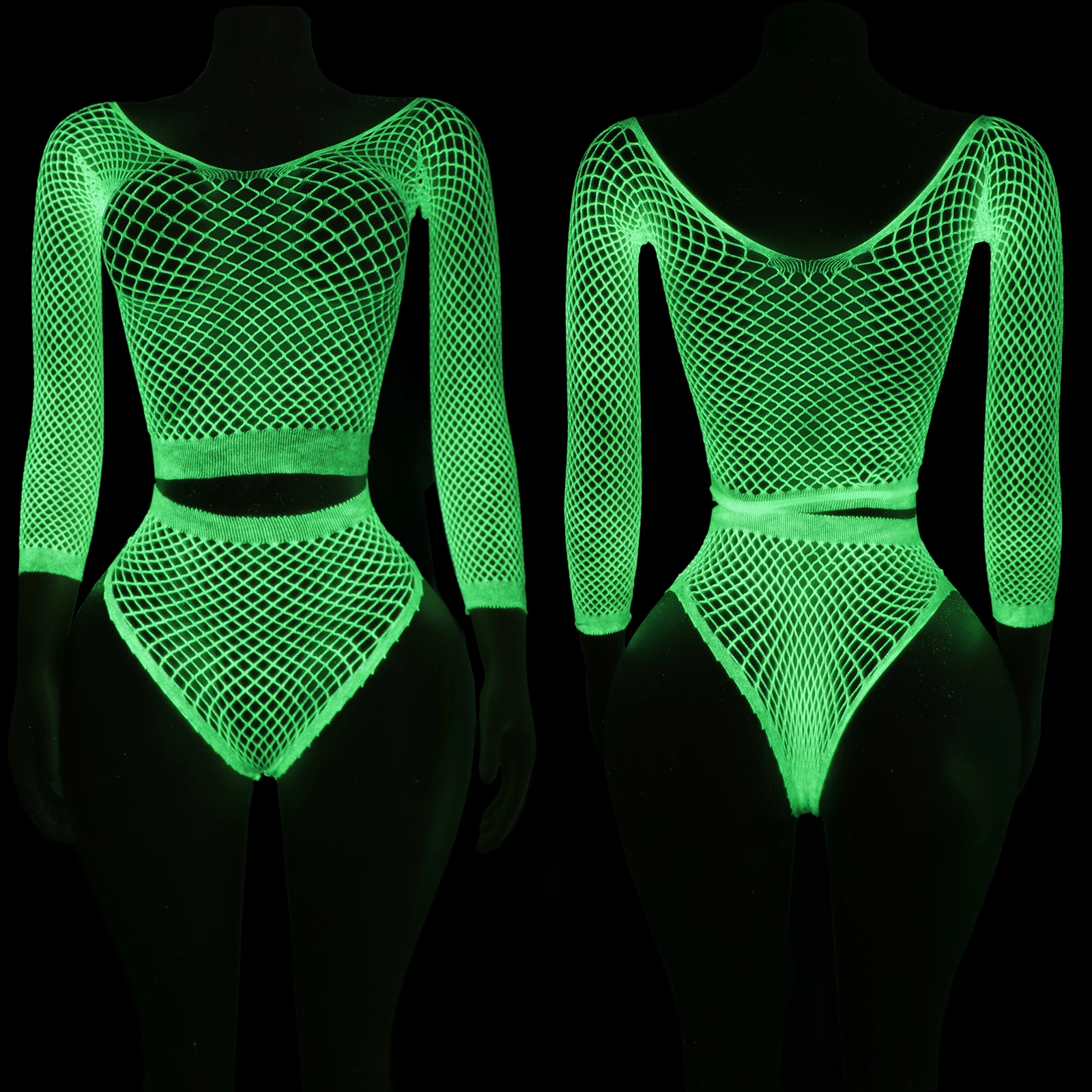 蛍光網タイツツーピースプレイスーツスリーブショーツセクシーなダンスウェアエキゾチックなナイトクラブの衣装大胆なステージ衣装