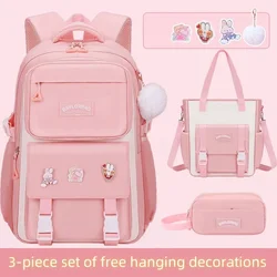 New Pink Large Capacity Spine Protection Backpack for Middle and High School Students with Hanging Accessories Girls Children's