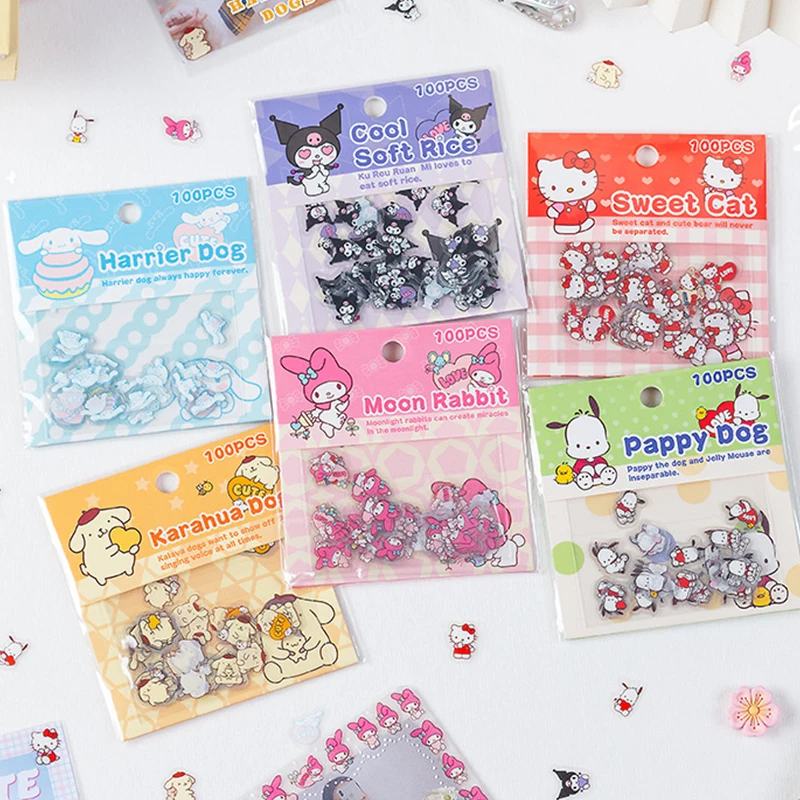 Pochacco Kuromi Kt Cat Melody Sticker para niños, pegatinas impermeables para decoración de cuenta de mano, dibujos animados, Kawaii, regalos, 100, piezas