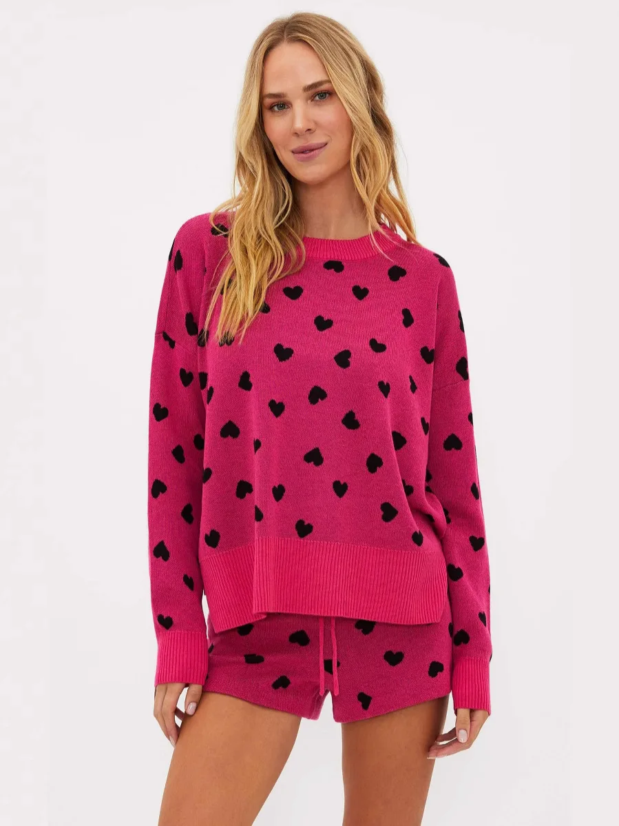 2025 New Pink Knit Sweater for Women, Loose Fit, Fashionable Heart Valentine's Day Sweater for Women