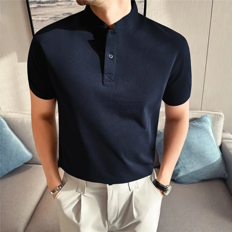 Short Sleeved Stand Collar Polo Shirt for Men Summer Ice Silk Thin and Light Breathable Top Solid Casual High Elasticity T-shirt