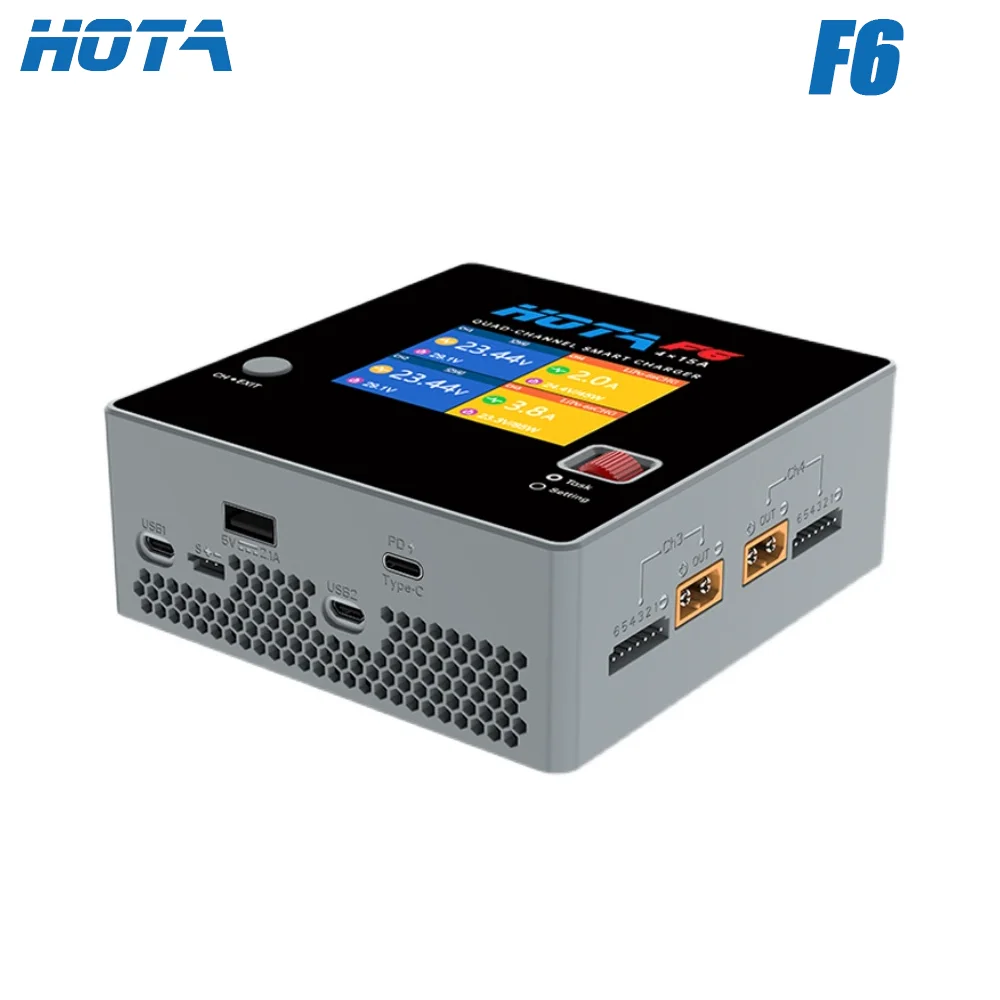 

HOTA F6 КВАРАНАЛЬНОЕ SMART Зарядное устройство DC1000W 4*15A для Lipo LiIon NiMH Lipo Балансное зарядное устройство Разрядник с USB 45W Type-C