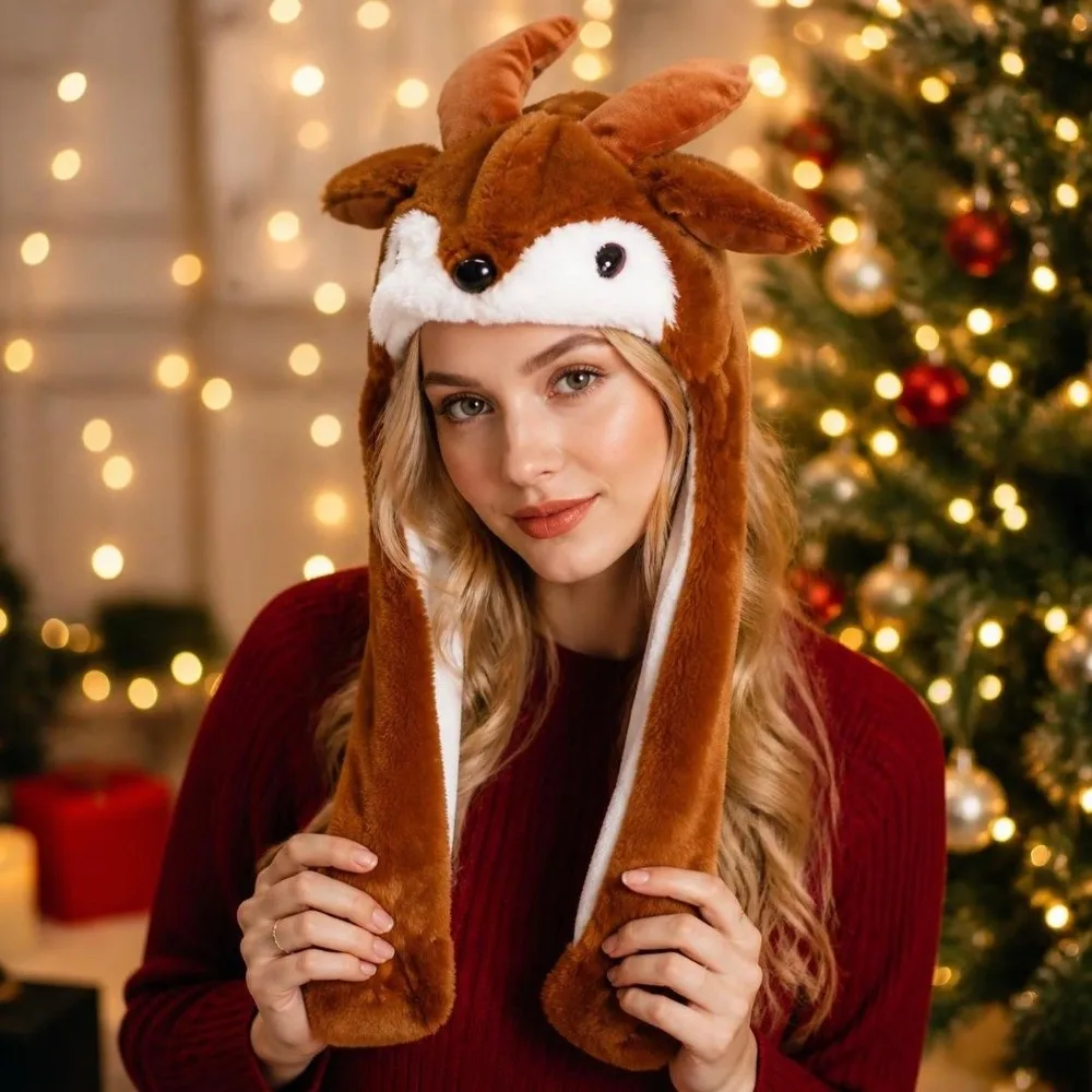 Creative Funny Christmas Hat Windproof Cartoon Design Deer Hat Pinch Airbag Interactive Game Moving Ears Hat Christmas Party