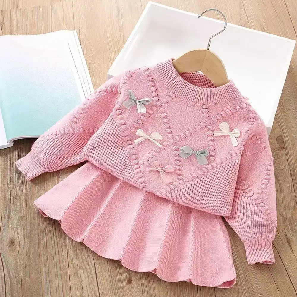 Spring Autumn Children Girl 3PCS Clothes Set Cotton White Ruched Shirts Knitted Bow Vest Pleated Skirts Suit Toddler Girl Outfit