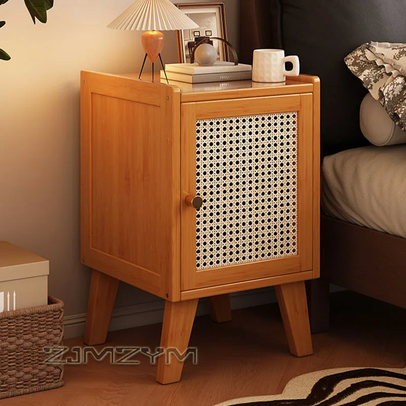 Bamboo Rattan Nightstand Single Door Closed Storage Bedside Cabinet Elevated Leg End Table for Bedroom Small Space view 5