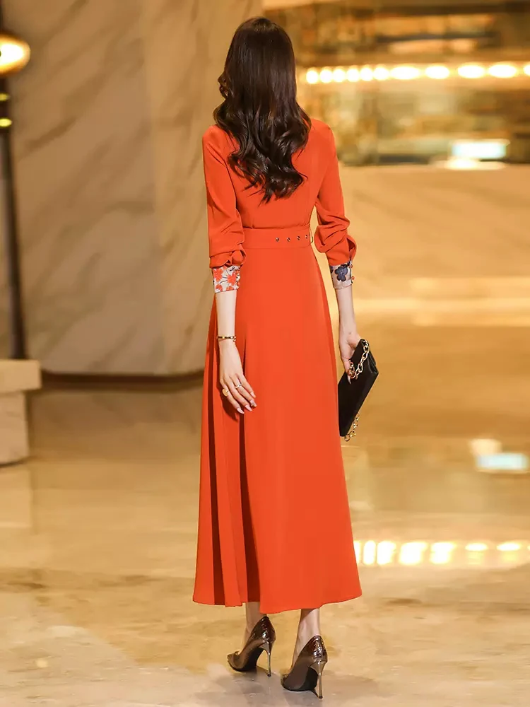 New Women Spring Autumn Mid-Calf Dress Fashion Print Patchwork Long Sleeve Slim Dress Elegant Exquisite Orange red Long Dress