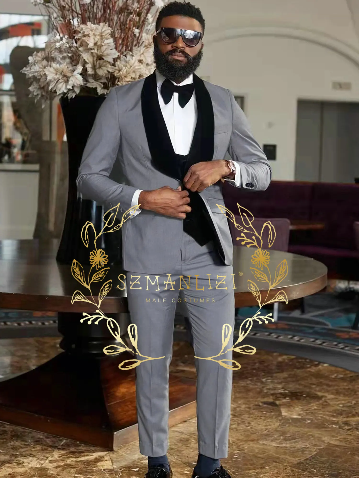 

SZMANLIZI Grey Suits For Men With Black Shawl Lapel 3 Pieces Slim Fit Costume Homme Formal Tuxedo Groom Wedding Suits Groomsmen