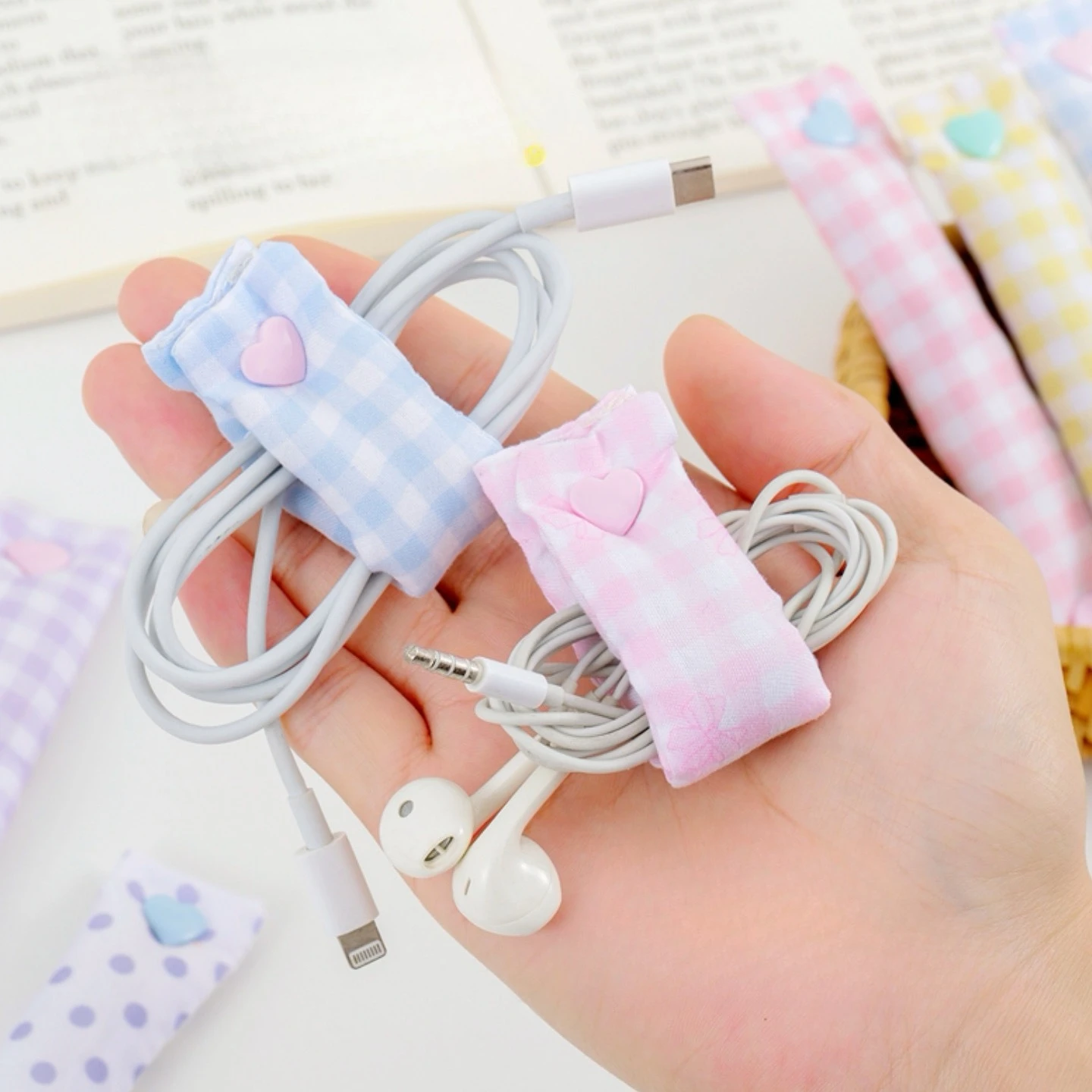 Pastel Plaid Fabric Cable Wrapper Snap Fastener Cord Organizer For Charging Cables Earphones Portable Wire Fixing Strap