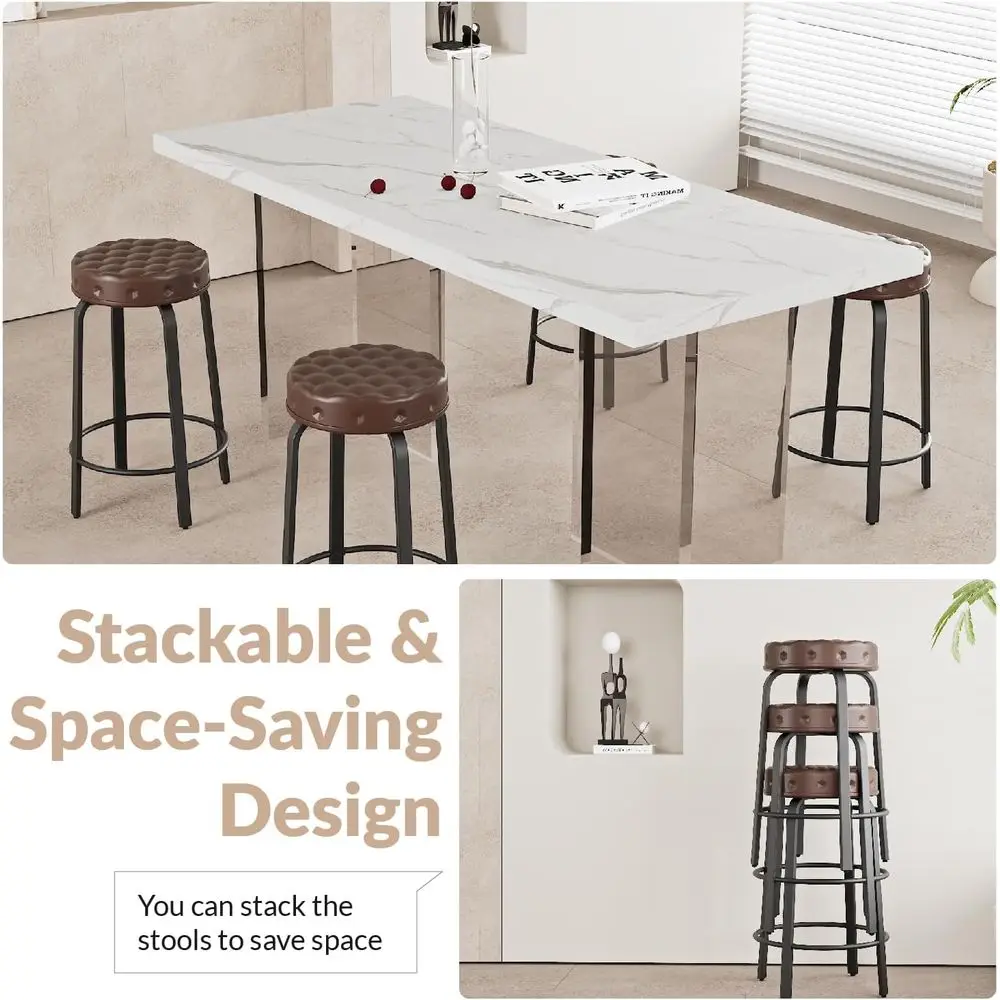 Set di 2, 24 sgabelli da bar alti impilabili in pelle PU, sedie imbottite rotonde senza schienale per cucina, sala da pranzo e caffè, marrone