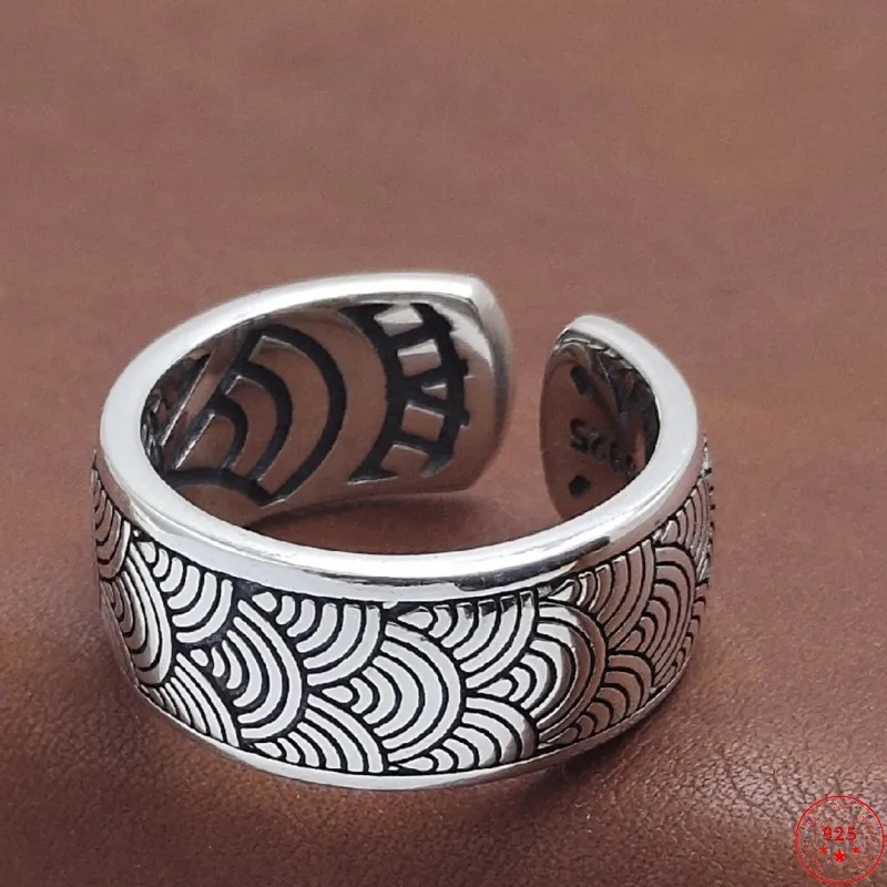 

S925 Sterling Silver Rings for Men Women New Men's Fashion Sea Wave Ripple Pattern Simple Pure Argentum Punk Jewelry