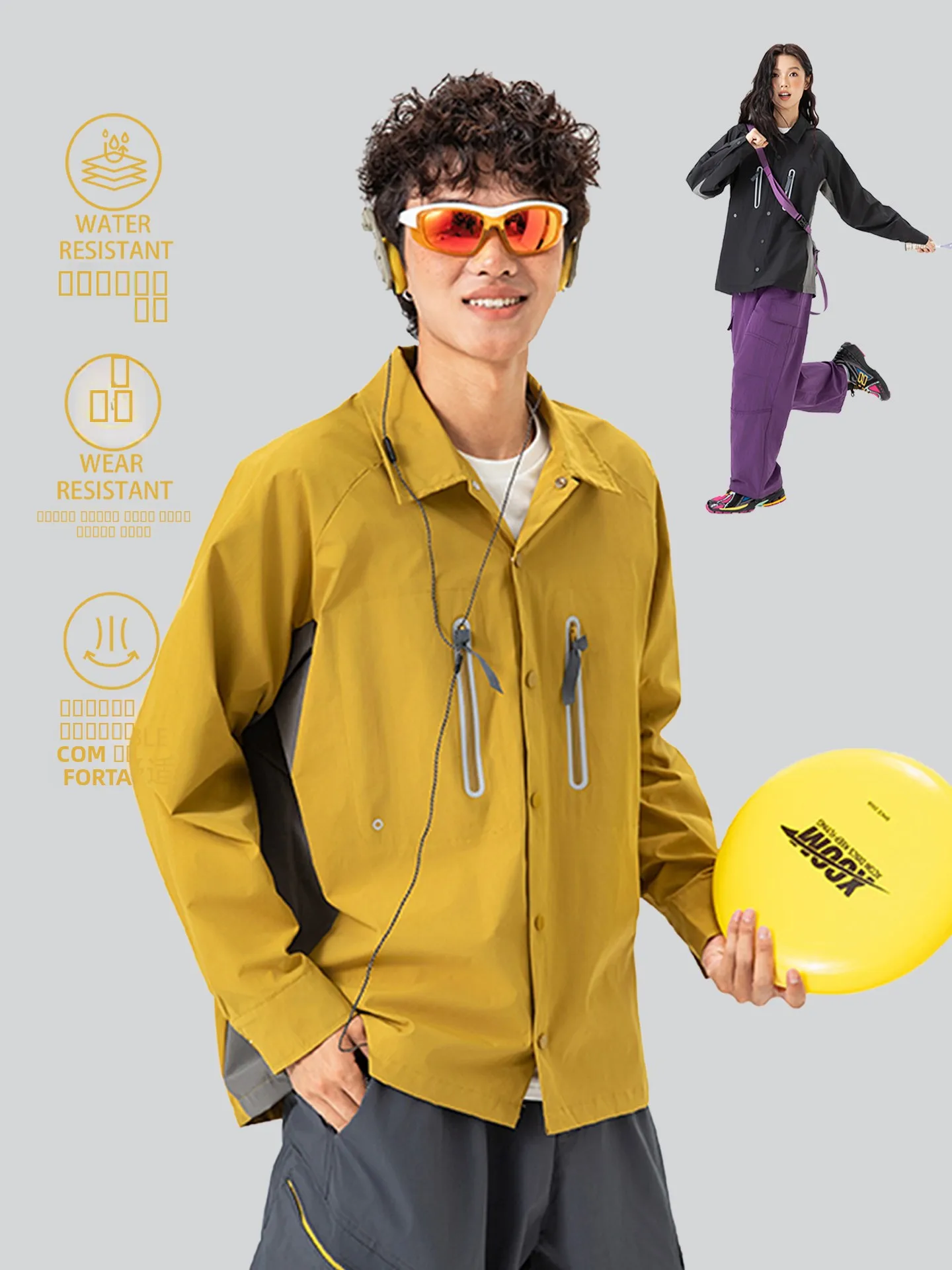 

American Color Block Zipper Collar Long Sleeve Shirt Men's Casual Water Resistant Leisure Workwear Couple Style Polyester Fiber