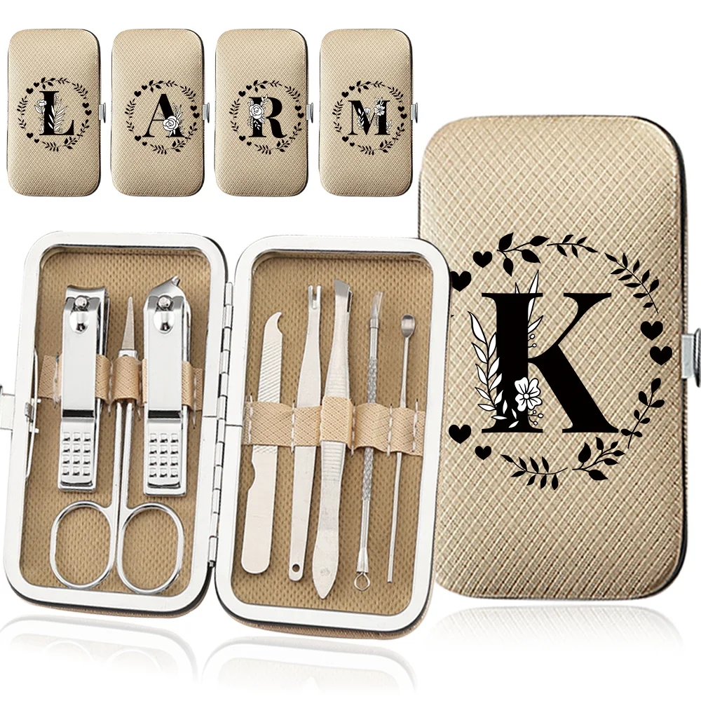 8Pcs Stainless Steel Manicure Set Professional Portable Nail Clipper Kit Pedicure Tools Home Trimmer Case Garland Letter Pattern